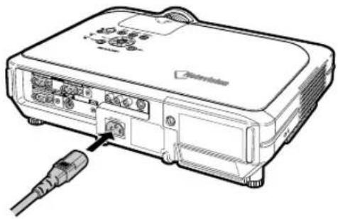 Line drawing of a portable projector with ports and a cable inserted (no text or symbols)