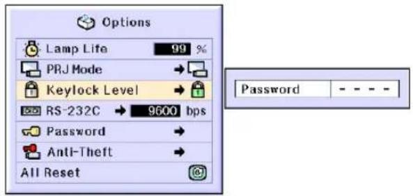 Options Lamp Life 99 % PRJ Mode → Keylock Level → RS-232C → 9600 bps Password → Anti-Theft → All Reset @
