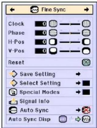 Fine Sync Clock 0 Phase 0 H-Pos 0 V-Pos 0 Reset Save Setting Select Setting Special Modes Signal Info Auto Sync Auto Sync Disp
