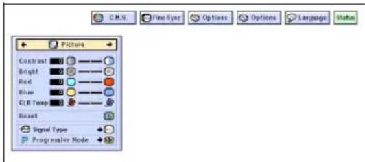 C.M.S. Fine Sync Options Options Language Status Picture Contrast Bright Red Blue CLR Crop Reset Signal Type Progression Mode