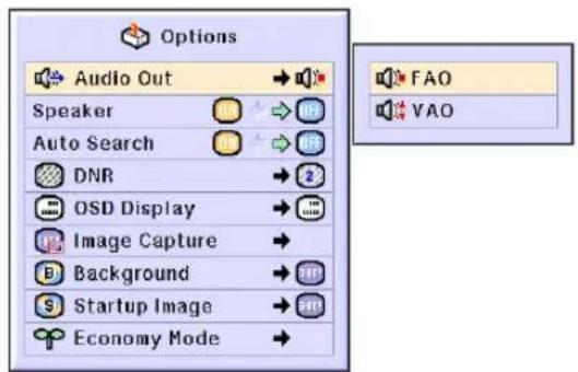 Options Audio Out → Speaker → Auto Search → DNR → 2 OSD Display → Image Capture → Background → Startup Image → Economy Mode → FAO VAO