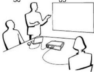 Line drawing of a meeting scene with three participants around a table, one standing and gesturing while speaking (no text or symbols visible)