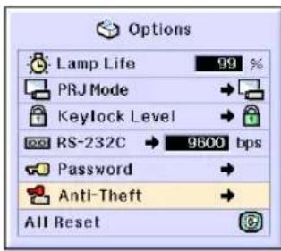 Options Lamp Life 99 % PRJ Mode → Keylock Level → RS-232C → 9600 bps Password → Anti-Theft → All Reset ©