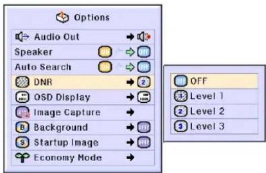 Options Audio Out Speaker Auto Search DNR OSD Display Image Capture Background Startup Image Economy Mode OFF Level 1 Level 2 Level 3