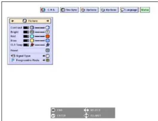 C.M.S. Face Sync Options Options Language Match Picture Contrast Bright Red Blue CLT Temp Reset Signal Type Progressive Mode END SELECT ENTER ALIGNS