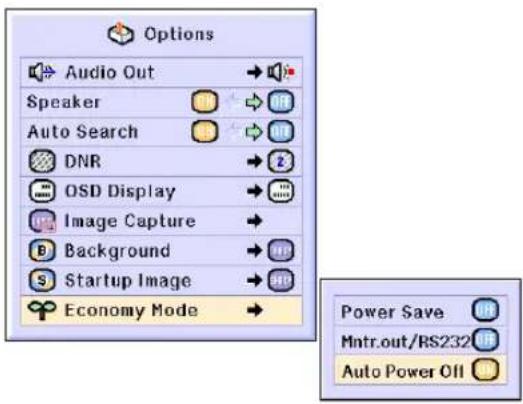 Options Audio Out → Speaker → Auto Search → DNR → 2 OSD Display → Image Capture → Background → Startup Image → Economy Mode → Power Save → Mntr.out/RS232 → Auto Power Off →