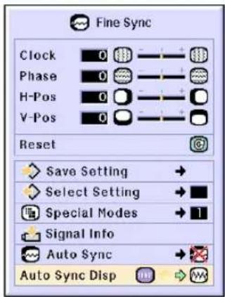 Fine Sync Clock 0 Phase 0 H-Pos 0 V-Pos 0 Reset Save Setting → Select Setting → ■ Special Modes → 1 Signal Info Auto Sync → Auto Sync Disp ↕