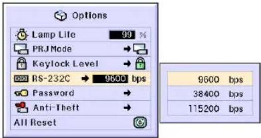 Options Lamp Life 99 % PRJ Mode Keylock Level RS-232C 9600 bps Password Anti-Theft All Reset 9600 bps 38400 bps 115200 bps