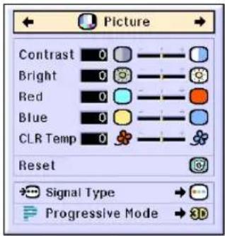 Picture Contrast 0 Bright 0 Red 0 Blue 0 CLR Temp 0 Reset Signal Type Progressive Mode 3D