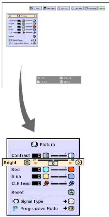 C:\RL Flow Type Options Options Language Notes Picture Contrast Bright Red Blue CLR Temp Reset Signal Type Progressive Mode Picture Contrast 0 Bright -30 0 +30 Red 0 Blue 0 CLR Temp 0 Reset Signal Type → Progressive Mode → 3D