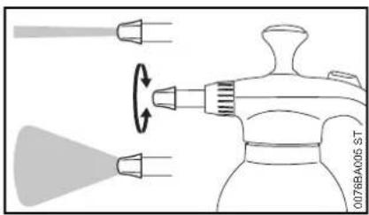 Diagram of a spray gun with nozzle and spray bottle, showing motion arrows (no text or symbols)