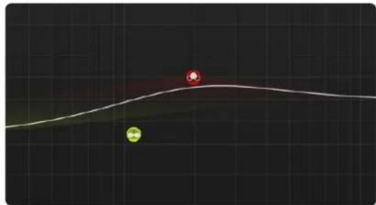 Abstract curved line with two colored dots on a dark grid background (no text or symbols)