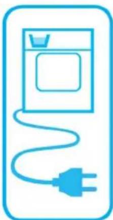 Simple line icon of a washing machine connected to an electric plug, enclosed in a rounded rectangle (no text or symbols)