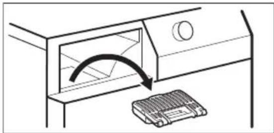Diagram showing a door opening with an arrow indicating direction, and a small box placed below (no text or symbols)