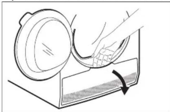 Line drawing of a hand using a tool to clean or store items, with a magnifying glass and arrow indicating the process (no text or symbols)