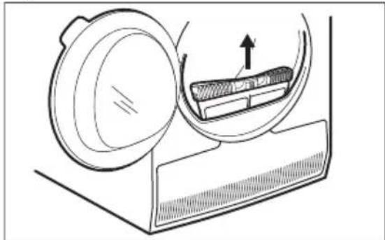 Diagram of a device with a lid and internal component, showing airflow direction (no text or symbols)