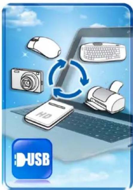 Illustration of a laptop with icons for devices and a USB app icon (no text or symbols on the devices or background)