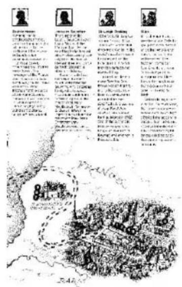 Historical illustration with four labeled portraits and accompanying descriptive text in English, featuring a landscape scene.