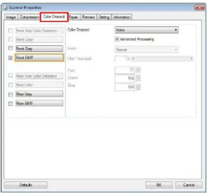 Scanner Properties Image Compression Color Dropout Paper Preview Setting Information Front Auto Color Detection Front Color Front Grey Front B&W Rear Auto Color Detection Rear Color Rear Grey Rear B&W Color Dropout: None Advanced Processing Mode: Normal Filter Threshold: 1.0 ° Red: 71 Green: 184 Blu…