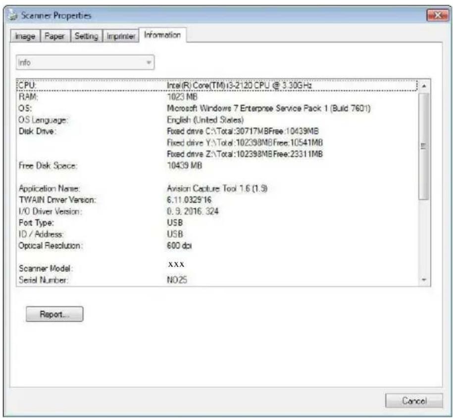 Scanner Properties Image Paper Setting Imprinter Information Info CPU: Intel(R) Core(TM)13-2120 CPU @ 3.30GHz RAM: 1023 MB OS: Microsoft Windows 7 Enterprise Service Pack 1 (Build 7601) OS Language: English (United States) Disk Drive: Fixed drive CA\Total:30717MBFree:10439MB Fixed drive Y:\Total:102…