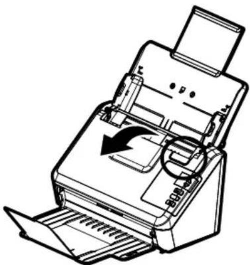 Line drawing of a printer with paper feed and paper roll, showing internal structure and page layout (no text or symbols)