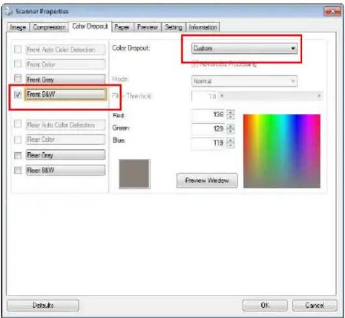 Scanner Properties Image Compression Color Dropout Paper Preview Setting Information Front Auto Color Detection Front Color Front Grey ✓ Front B&W Color Dropout: Custom ✓ Advanced Processing Mode: Normal Filter Threshold: 10 Red: 136 Green: 125 Blue: 119 Preview Window Defaults OK Cancel