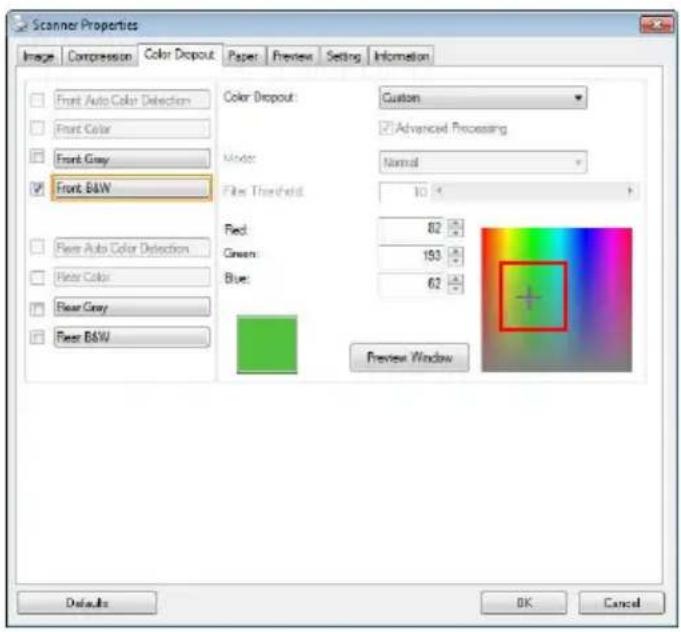 Scanner Properties Image Compression Color Dropout Paper Preview Setting Information Front Auto Color Detection Front Color Front Gray Front B&W Color Dropout: Custom Advanced Processing Model: Normal Filter Threshold: 10 Red: 82 Green: 193 Blue: 62 Preview Window Defaults OK Cancel