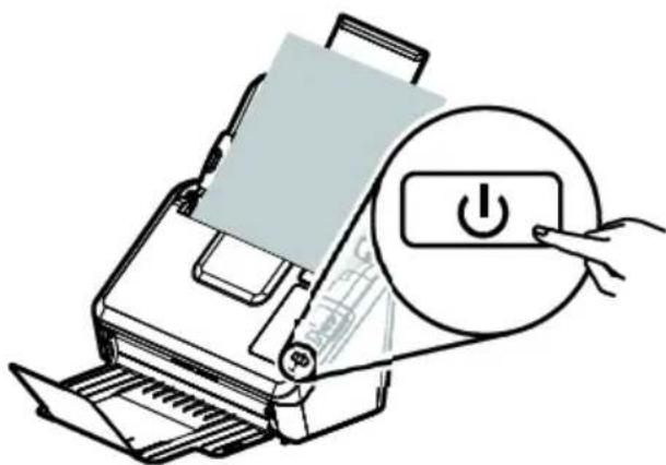 Illustration of a printer with a power button and magnified view showing the button (no text or symbols)