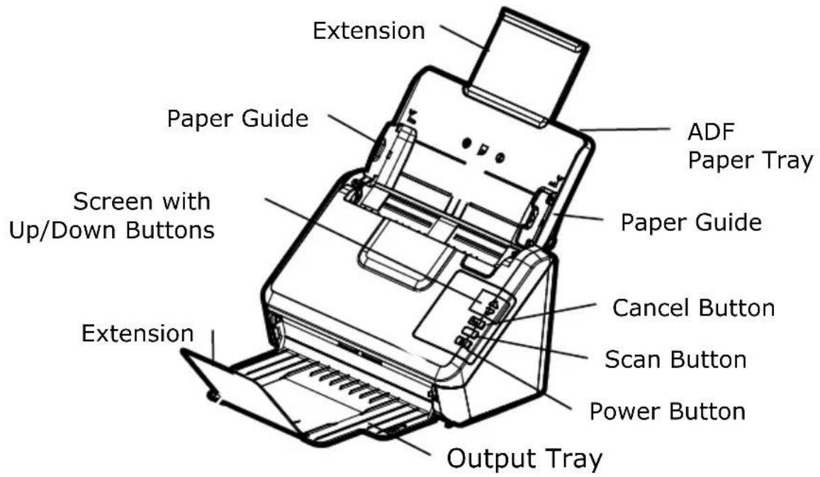 Extension Paper Guide Screen with Up/Down Buttons Extension ADF Paper Tray Paper Guide Cancel Button Scan Button Power Button Output Tray