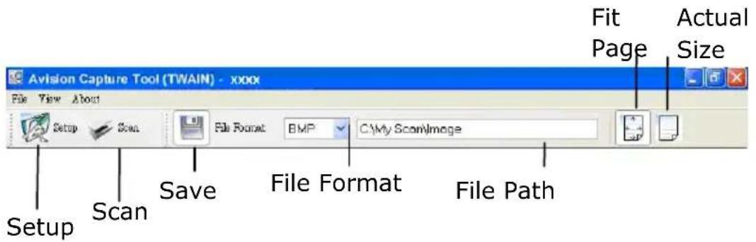 Avision Capture Tool (TWAIN) - xxx File View About Setup Scan Save File Format BMP C:\My Scan\Image Fit Page Actual Size Setup Scan File Format File Path