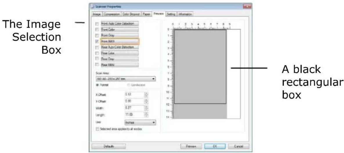 The Image Selection Box Scan Area: ISO Ad - 210x.267 mm ● Point ○ Linkage X-Offset: 0.12 Y-Offset: 0.90 Width: 8.27 Length: 11.63 Unit: Inches □ Selected area applies to all nodes A black rectangular box Defaults Preview OK Cancel