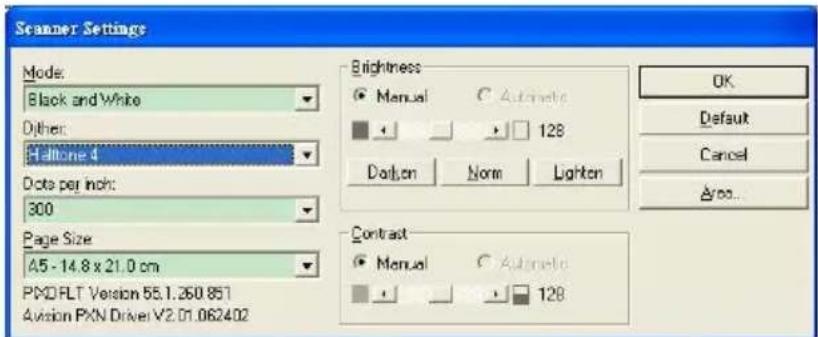 Scanner Settings Mode: Black and White Dither: Hellenet 4 Dice per inch: 300 Page Size A5 - 14.8 x 21.0 cm PMD FLT Version 55.1.260 851 Avision PXN Driver V2.01.062402 Brightness ● Manual ○ Automatic □ 128 Dotlon □ Norm □ Lighton Contrast ● Manual ○ Automatic □ 128 OK Default Cancel Area...