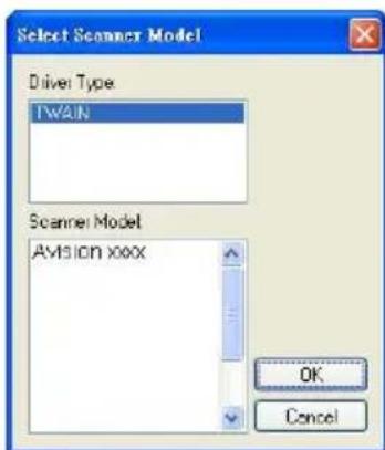 Select Scanner Model Driver Type TW2UN Scanner Model AVISION XXX OK Cancel