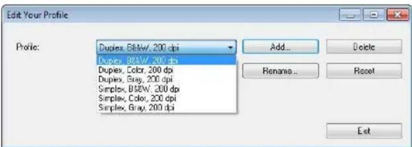 Edit Your Profile Profile: Duplex, B&W, 200 dpi Duplex, B&W, 200 dpi Duplex, Color, 200 dpi Duplex, Gray, 200 dpi Simplex, B&W, 200 dpi Simplex, Color, 200 dpi Simplex, Gray, 200 dpi Add... Delete Rename... Reset Ext