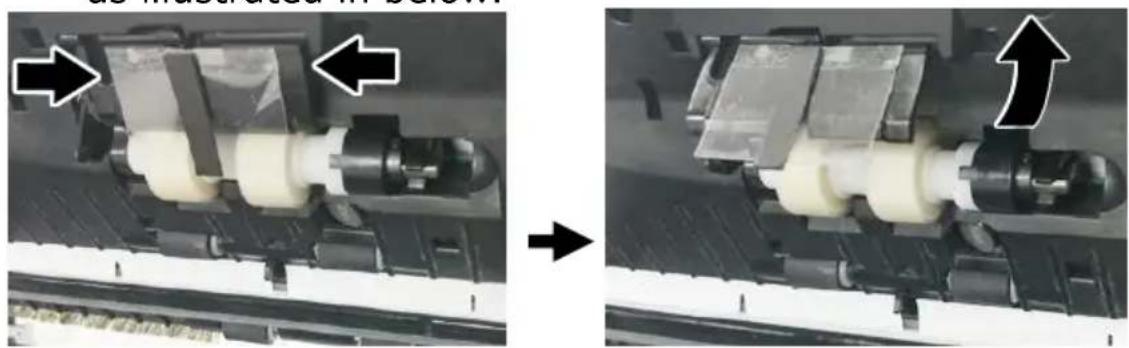 Two-panel mechanical assembly photo showing a cylindrical component being processed, with arrows indicating direction of motion (no text or symbols)