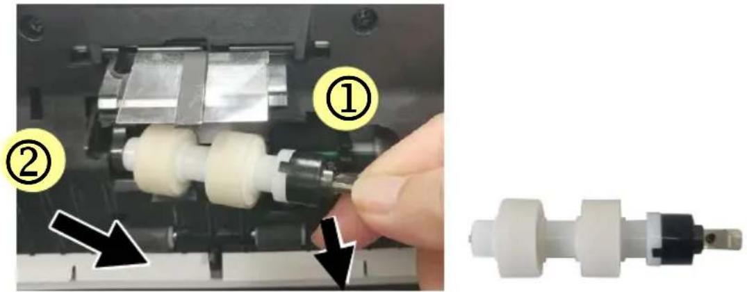 Technical diagram showing mechanical assembly steps with numbered annotations and a close-up of a mechanical component.