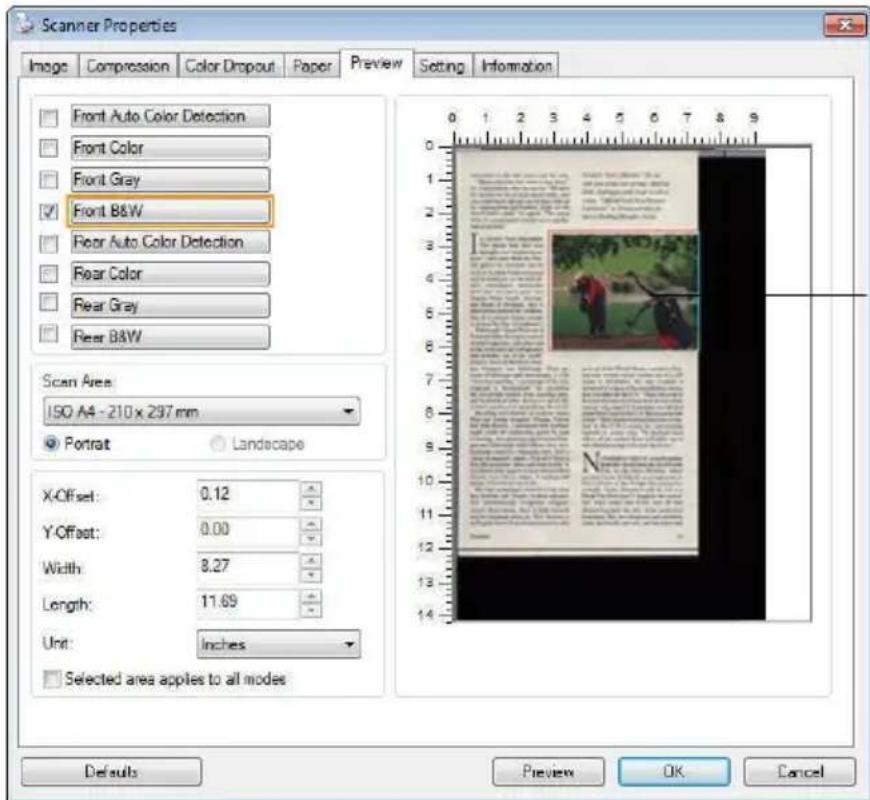 Scanner Properties Image Compression Color Dropout Paper Preview Setting Information Front Auto Color Detection Front Color Front Gray Front B&W Rear Auto Color Detection Rear Color Rear Gray Rear B&W Scan Area: 150 A4 - 210 x 297 mm Portrait Landscape X-Offset: 0.12 Y-Offset: 0.00 Width: 8.27 Lengt…
