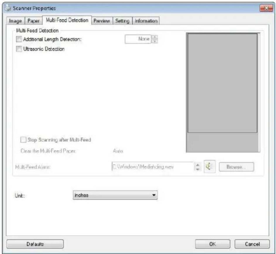 Scanner Properties Image Paper Multi-Feed Detection Preview Setting Information Multi-Feed Detection Additional Length Detection: None Ultrasonic Detection Stop Scanning after Multi-Feed Clear the Multi-Feed Paper: Auto Multi-Feed Alarm: C:\Windows\MediaVicing.mov Browse... Unit: inches Defaults OK…