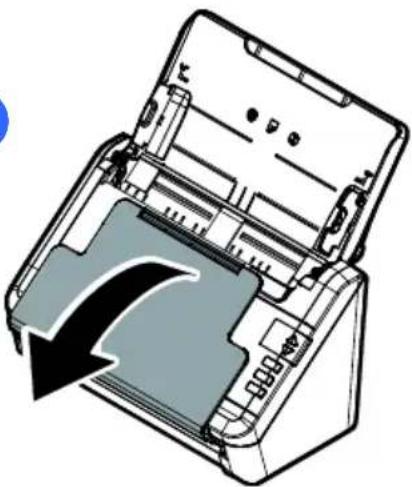 Diagram of a printer with an open lid and arrow indicating compression or disassembly (no text or symbols present)