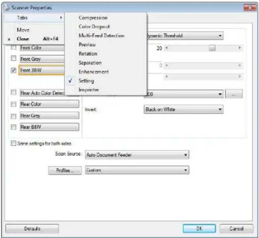 Scanner Properties Tabs Move Close Alt+F4 Compression Color Dropout Multi-Feed Detection Preview 20 Dynamic Threshold Rotation Separation 0 Enhancement Setting Imprinter Front Color Front Gray Front B&W Rear Auto Color Detec Rear Color Rear Grey Rear B&W Invert: Black on White Some settings for both…