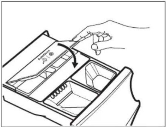 Diagram showing hand holding a device with a scroll, indicating a process to open a drawer containing contents or compartments.