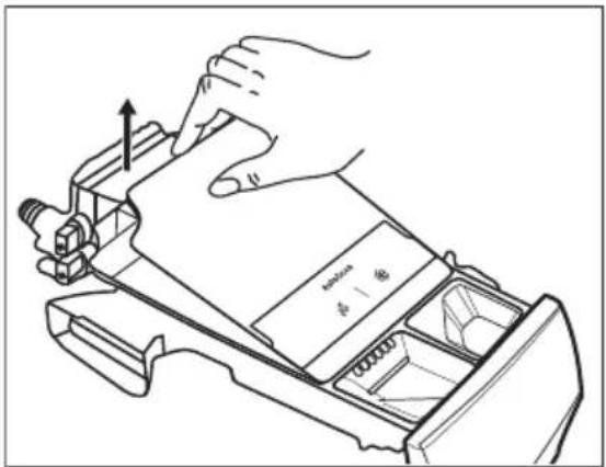 Technical diagram showing a hand pressing down on a mechanical component with Chinese label '机械臂' (machine) and directional arrow.