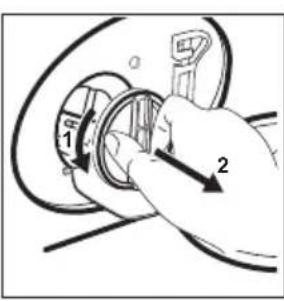 Diagram showing a hand holding a car interior with labeled parts 1 and 2, indicating directional movement or adjustment.