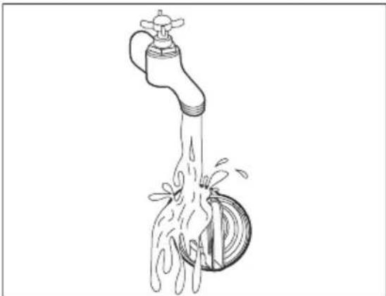 Line drawing of a faucet releasing water into a circular pipe (no text or symbols)