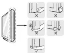 Diagram illustrating a hand gesture with labeled correct and incorrect states, showing a screen icon before and after adjustment.