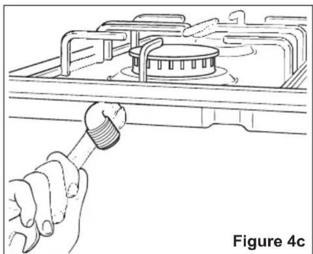 Line drawing of a hand using a wrench to adjust a pipe through a gas stove (no text or symbols)
