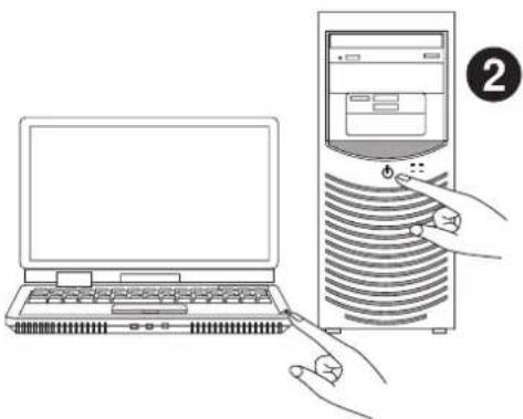 Line drawing showing hands operating a server tower next to a laptop (no text or symbols present)