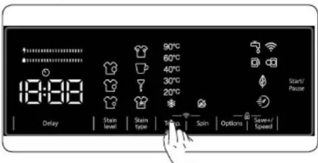 18:00 Delay Stain level Stain type 90°C 60°C 40°C 30°C 20°C Start/ Pause Spin Options Save+/Speed