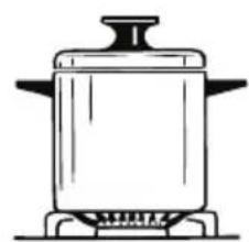 Line drawing of a cooking pot with a lid and side legs, placed on a portable stove (no text or symbols)