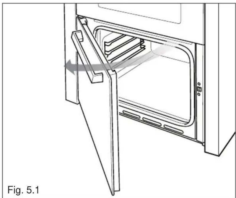 Technical line drawing of a door opening with internal compartments and a directional arrow indicating motion (no text or symbols)